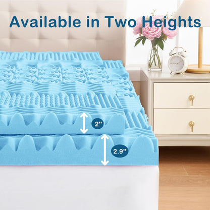 YUGYVOB Mattress Topper Queen, Foam Queen Mattress Topper, Cooling Gel Infused Bed Topper, 7 Zone Egg Crate Foam, CertiPUR-US Certified, 2 Inch - Available at All In One Marketplace Canada