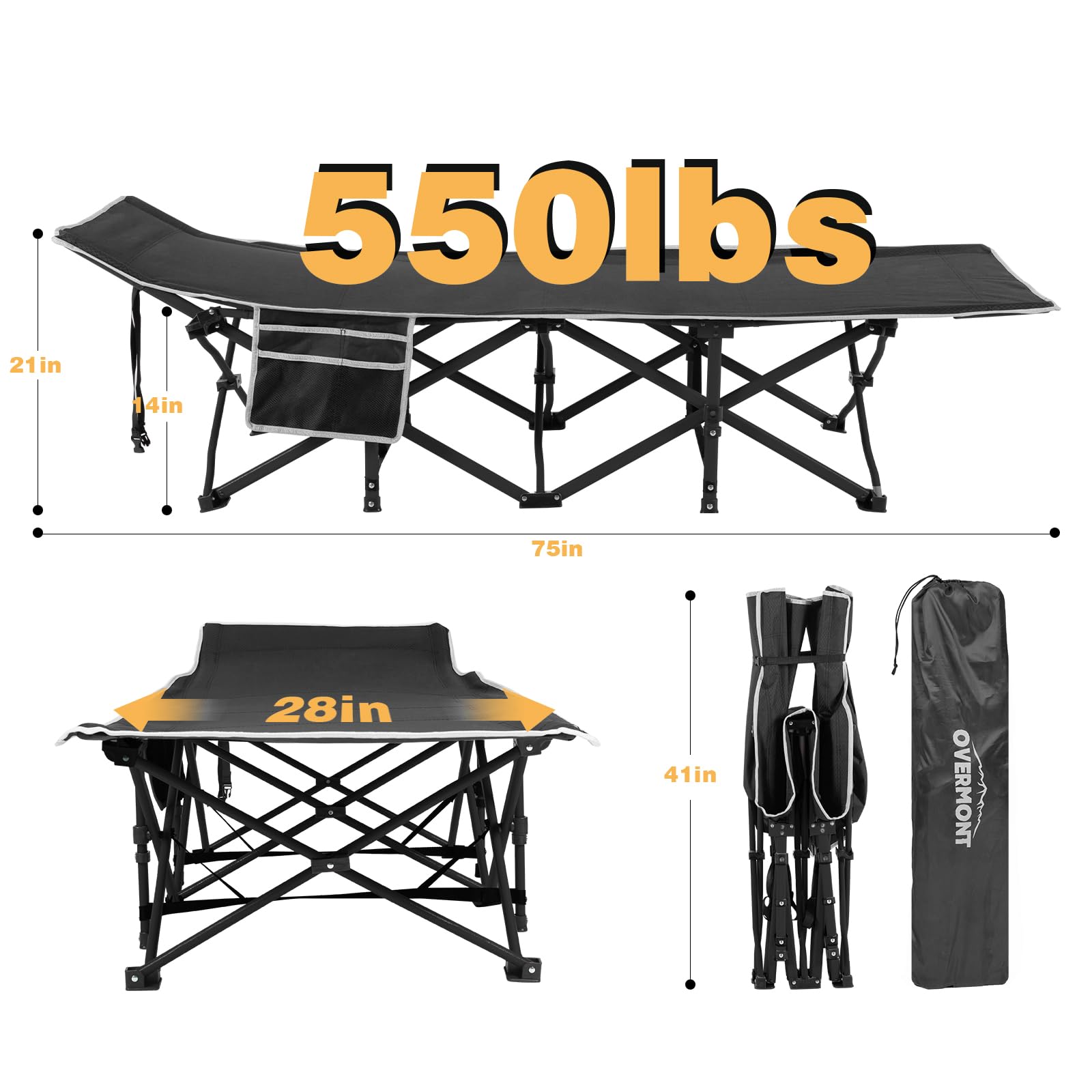Overmont Portable Folding Camping Cot - 28” Extra Wide Portable Sleeping Cot Load 550 LBS with Carry Bag for Outdoor Travel Home Office Nap, Black OVERMONT