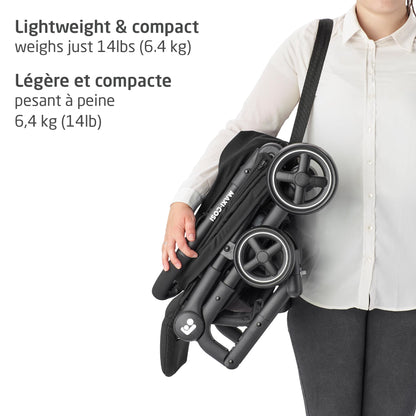 Maxi-Cosi Lara Ultra Compact Stroller, Airplane Carry-on Compliant for travel, Lightweight, one-hand fold, large storage, inludes travel bag Essential Black Maxi-Cosi