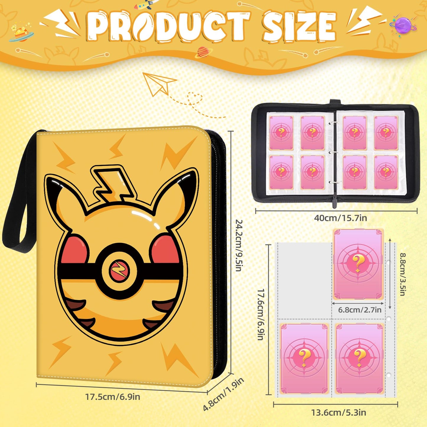 Trading Card Binder, 400 Pocket Cards Holder, 50 Double Sided Removable Pages, Portable Cards Album Holder Card Collection Xmas Gifts for Kids Stocking Stuffers, Yellow