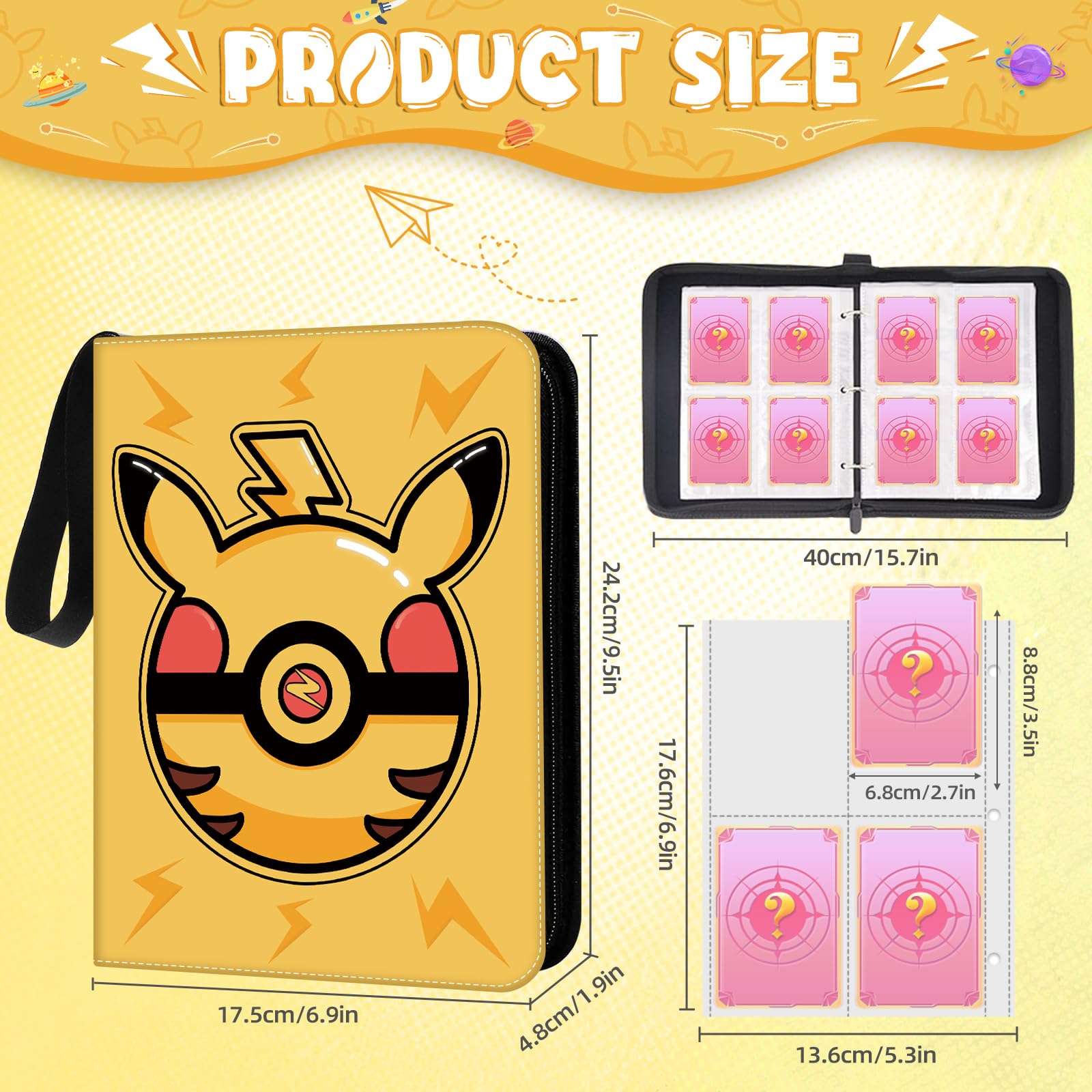 Trading Card Binder, 400 Pocket Cards Holder, 50 Double Sided Removable Pages, Portable Cards Album Holder Card Collection Xmas Gifts for Kids Stocking Stuffers, Yellow