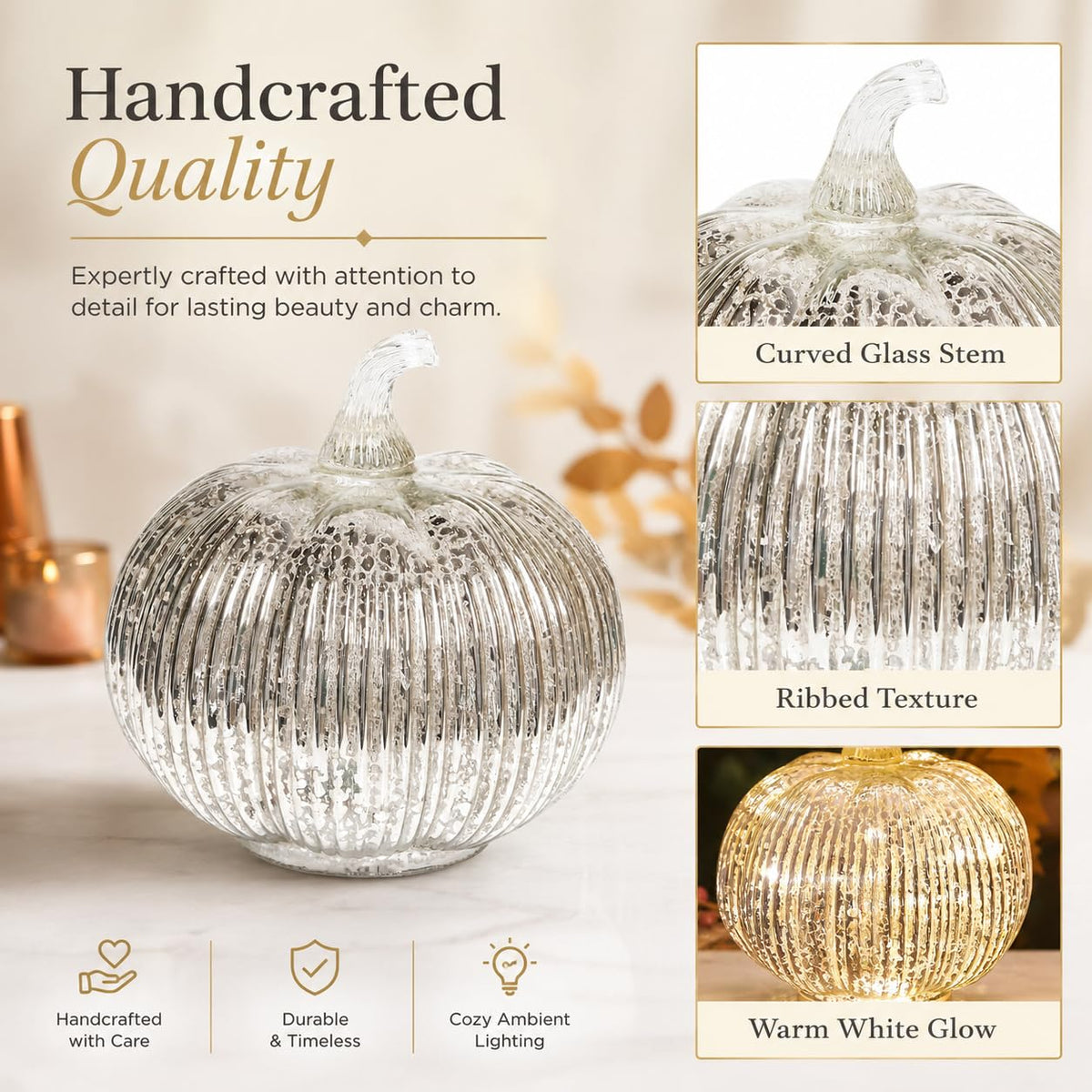 Hvfun 5.5 "(14cm) Mercury Glass Light up Pumpkin with Timer- Battery Operated Table Lamps for Festive Decoration-Thanksgiving Home Decoration Decorations (Silver) 🍁 All In One Marketplace Canada