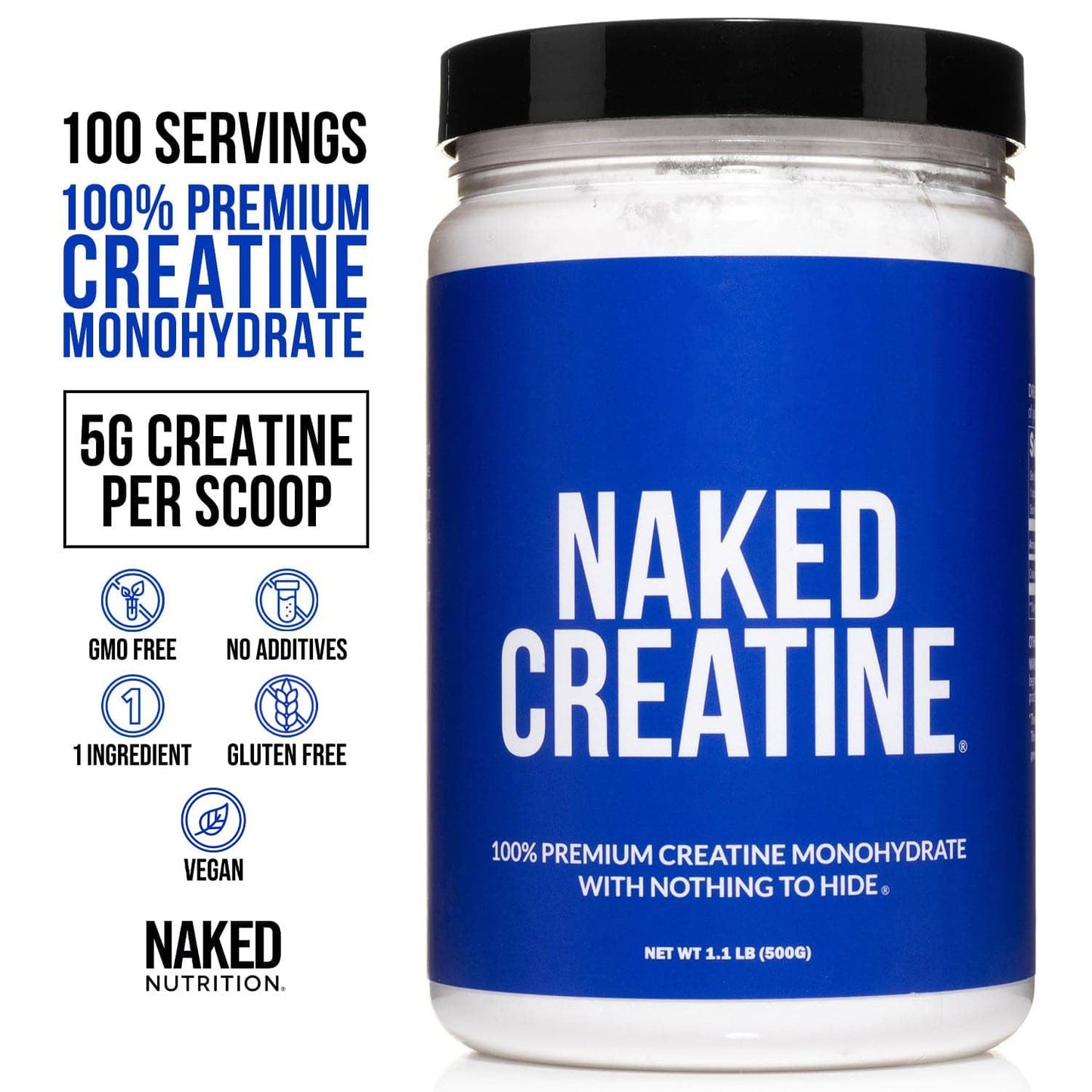 NAKED Pure Micronized Creatine Monohydrate Powder - NSF Certified, Unflavored, 500g, 1.1lb Bulk - Vegan, Non-GMO, Gluten-Free, Soy-Free, No Fillers, Supports Muscle Growth & Strength - 100 Servings