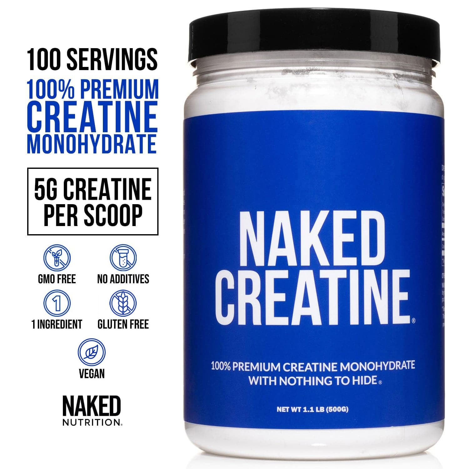 NAKED Pure Micronized Creatine Monohydrate Powder - NSF Certified, Unflavored, 500g, 1.1lb Bulk - Vegan, Non-GMO, Gluten-Free, Soy-Free, No Fillers, Supports Muscle Growth & Strength - 100 Servings