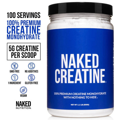 NAKED Pure Micronized Creatine Monohydrate Powder - NSF Certified, Unflavored, 500g, 1.1lb Bulk - Vegan, Non-GMO, Gluten-Free, Soy-Free, No Fillers, Supports Muscle Growth & Strength - 100 Servings