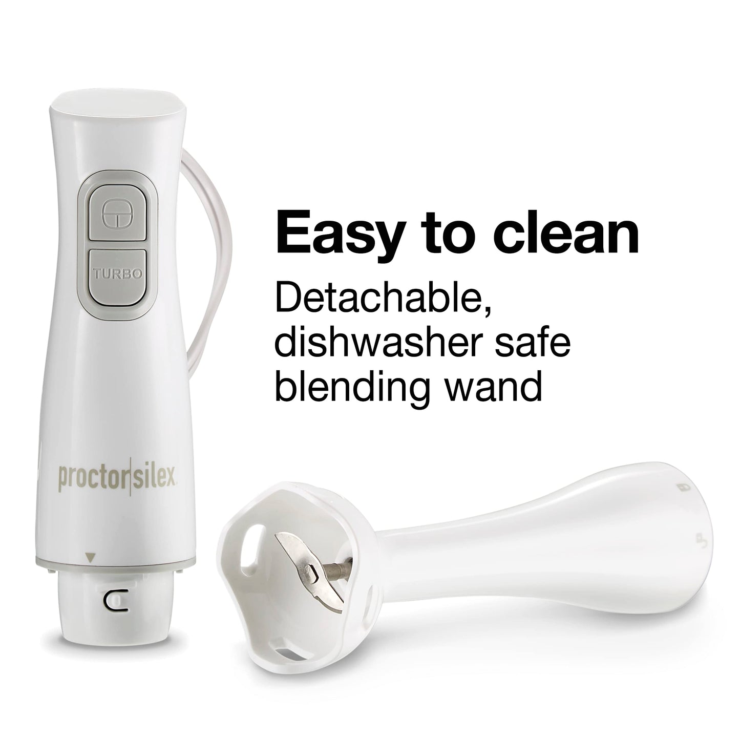 Proctor Silex Electric Immersion Blender with Detachable Dishwasher Safe Handheld Hand Blender Stick, 2-Speeds, 150 Watts, White (59739) Proctor Silex