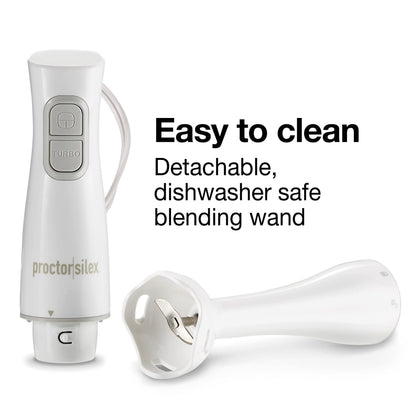 Proctor Silex Electric Immersion Blender with Detachable Dishwasher Safe Handheld Hand Blender Stick, 2-Speeds, 150 Watts, White (59739) Proctor Silex