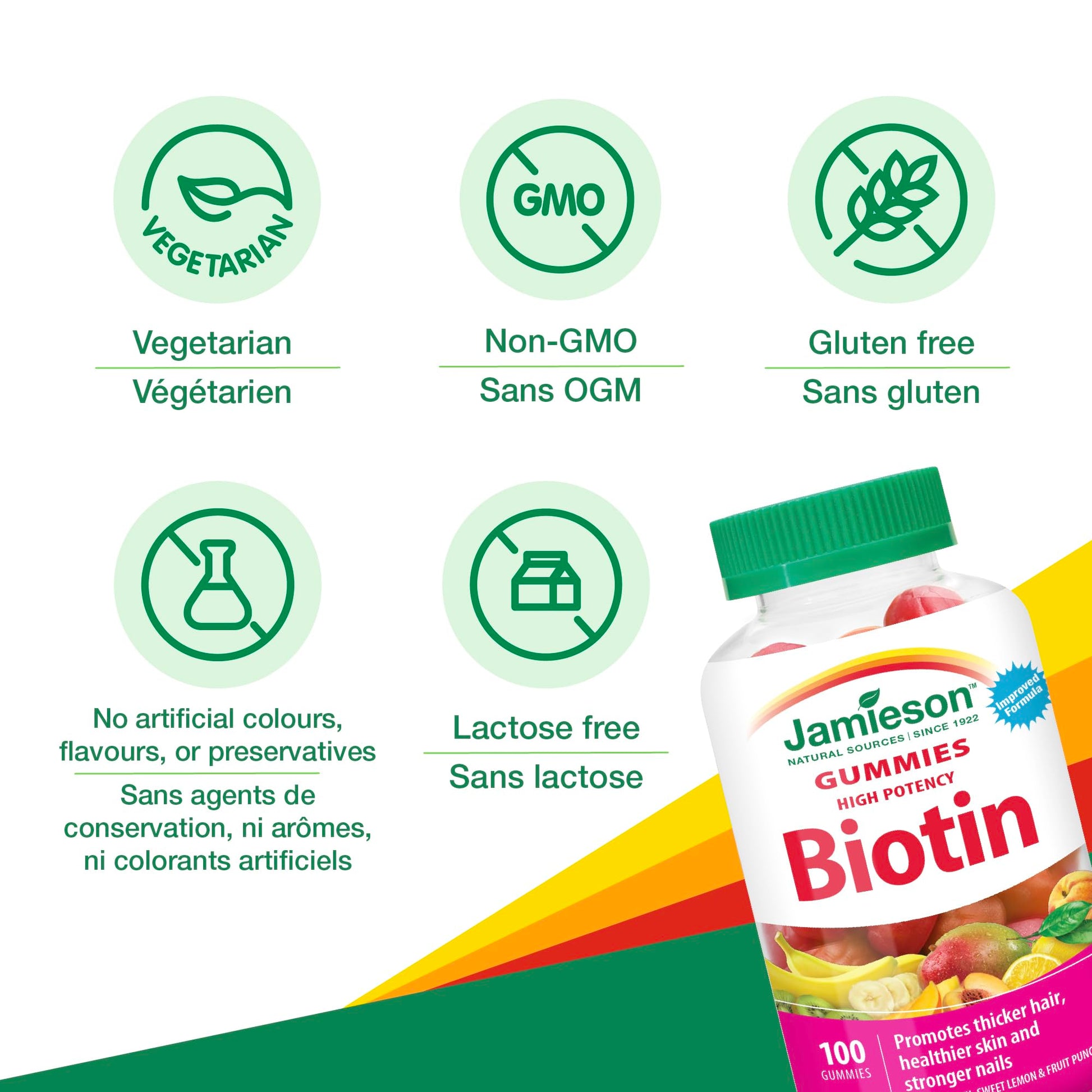Jamieson High Potency Biotin Gummies with Vitamin C and Vitamin E, 100 Gummies, Mixed Flavours. Supports Thicker Hair, Healthier Skin, Stronger Nails. Gelatin-Free - Available at All In One Marketplace Canada