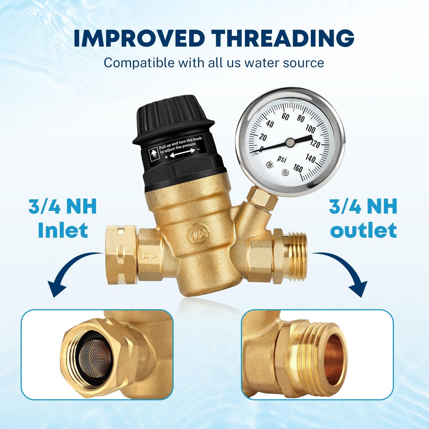 Kohree RV Water Pressure Regulator Valve, Adjustable Handle Brass Lead-Free RV Water Pressure Reducer with Gauge and 2 Inlet Screened Filters for RV Camper Travel Trailer Garden 🍁 All In One Marketplace Canada