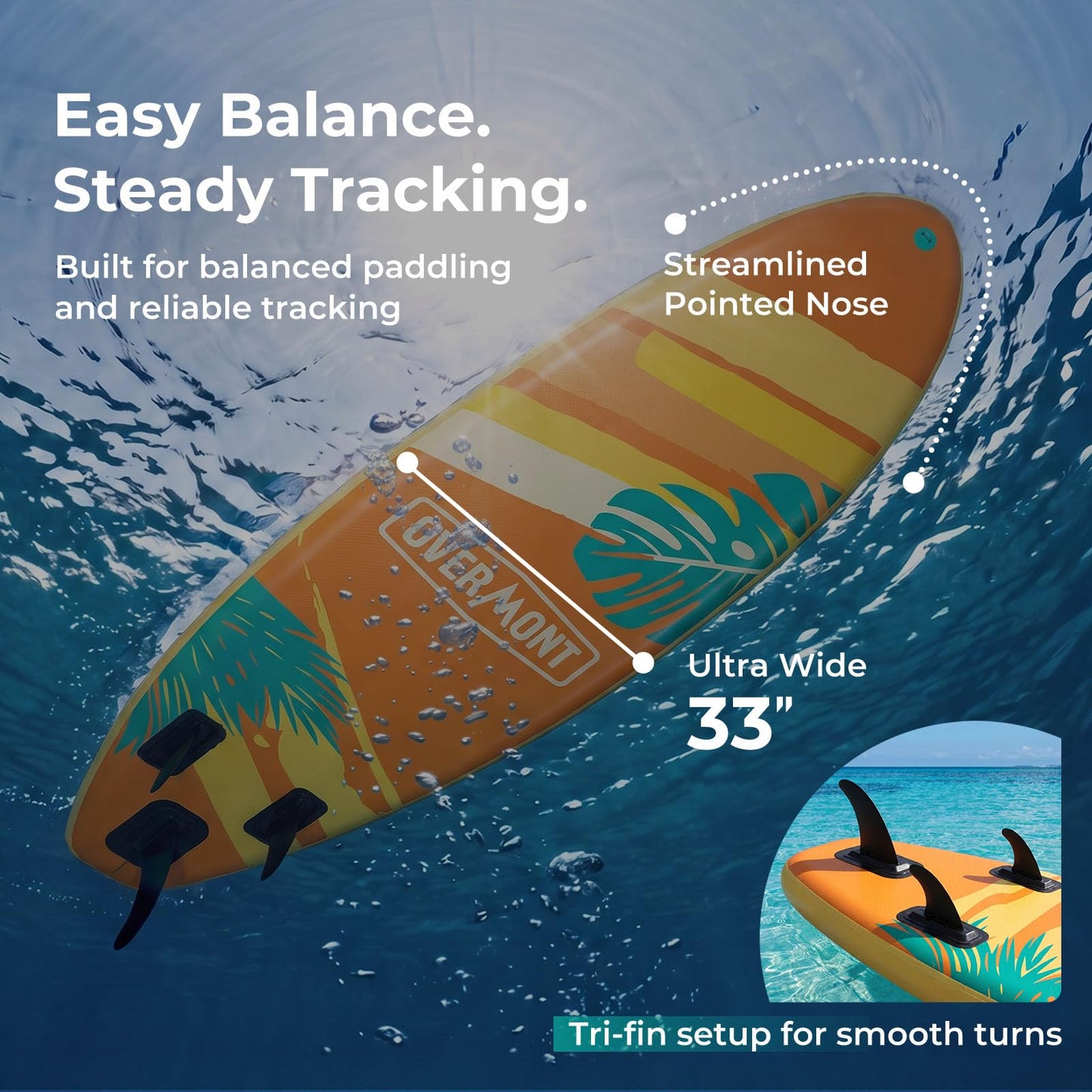 Overmont Inflatable Paddle Board 10'7" x 33" x 6", Extra Wide SUP for Adults & Beginners, 350 lb Stand Up Paddle Board with Adjustable Paddle, Pump, 3 Fins, Leash, Backpack & Repair Kit OVERMONT