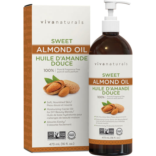 Viva Naturals Sweet Almond Oil – Almond Oil for Skin, Hair & Face, Body Oil After Shower, Body Oil for Dry Skin, Carrier Oil for Essential Oils & Almond Hair Oil, 16 fl oz - Available at All In One Marketplace Canada