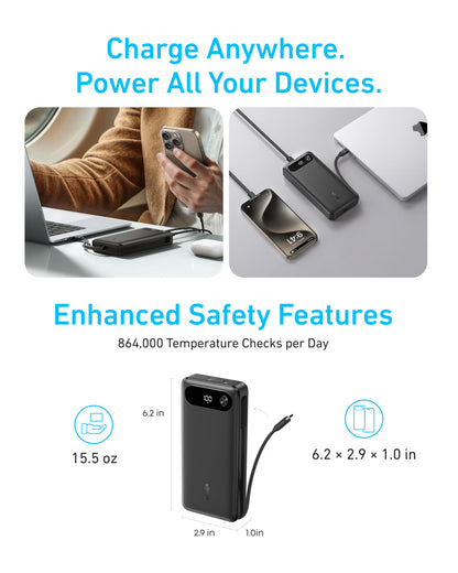 ANKER Power Bank, 20,000mAh Travel Essential Portable Charger with Built-in USB-C Cable, 3-Port 87W Max Fast Charging Battery Pack, for iPhone 17/16/15 Series, Samsung, Switch, and More (Black) - Available at All In One Marketplace Canada