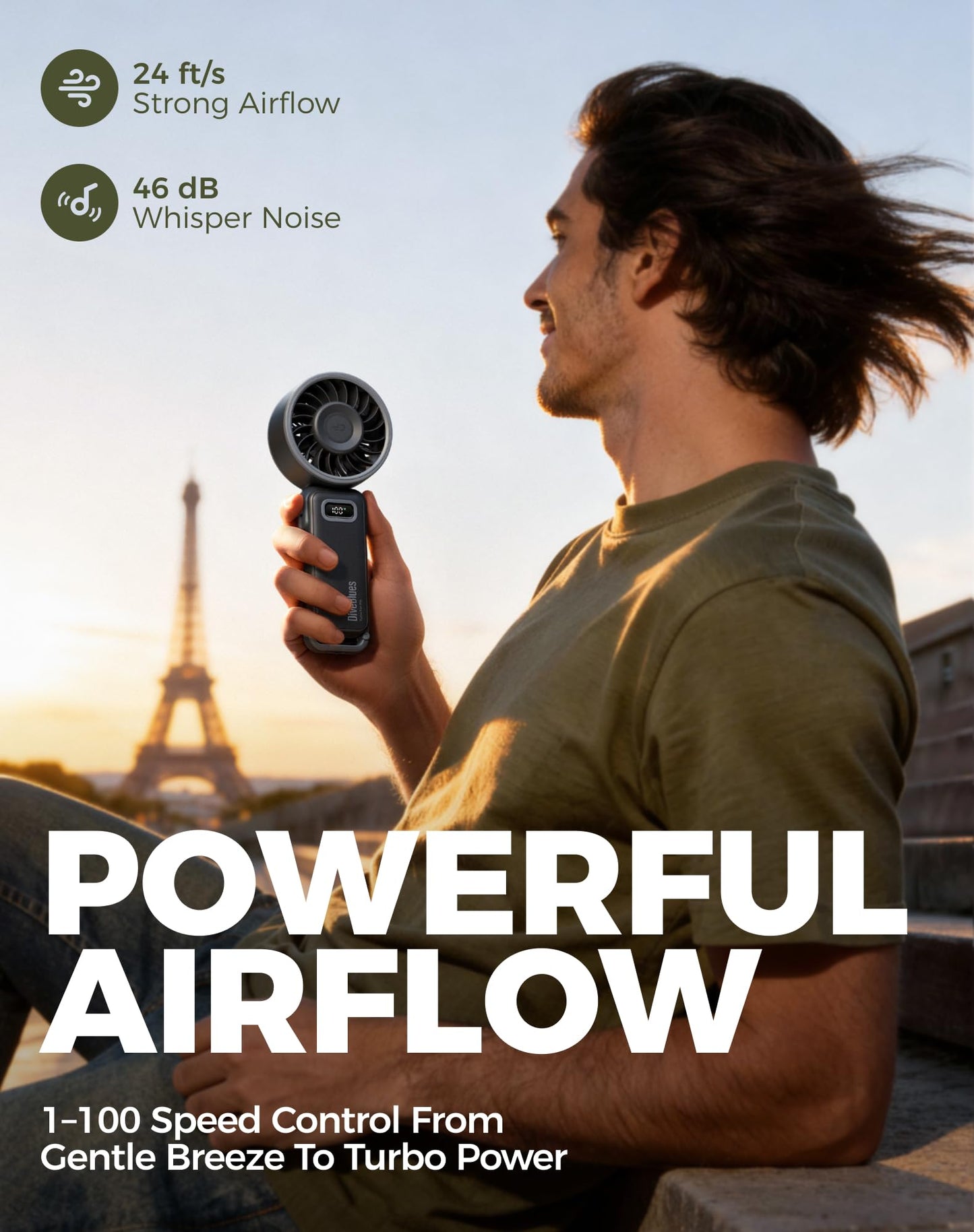 Diveblues Turbo Portable Fan, 3X Powerful Airflow, 1-100 Speed, 4-in-1 Handheld Fan Mini Fan with Carabiner Clip, Up to 12H Cooling for Travel, Gifts for Women, Travel Essentials, Airplane Gadgets - Available at All In One Marketplace Canada