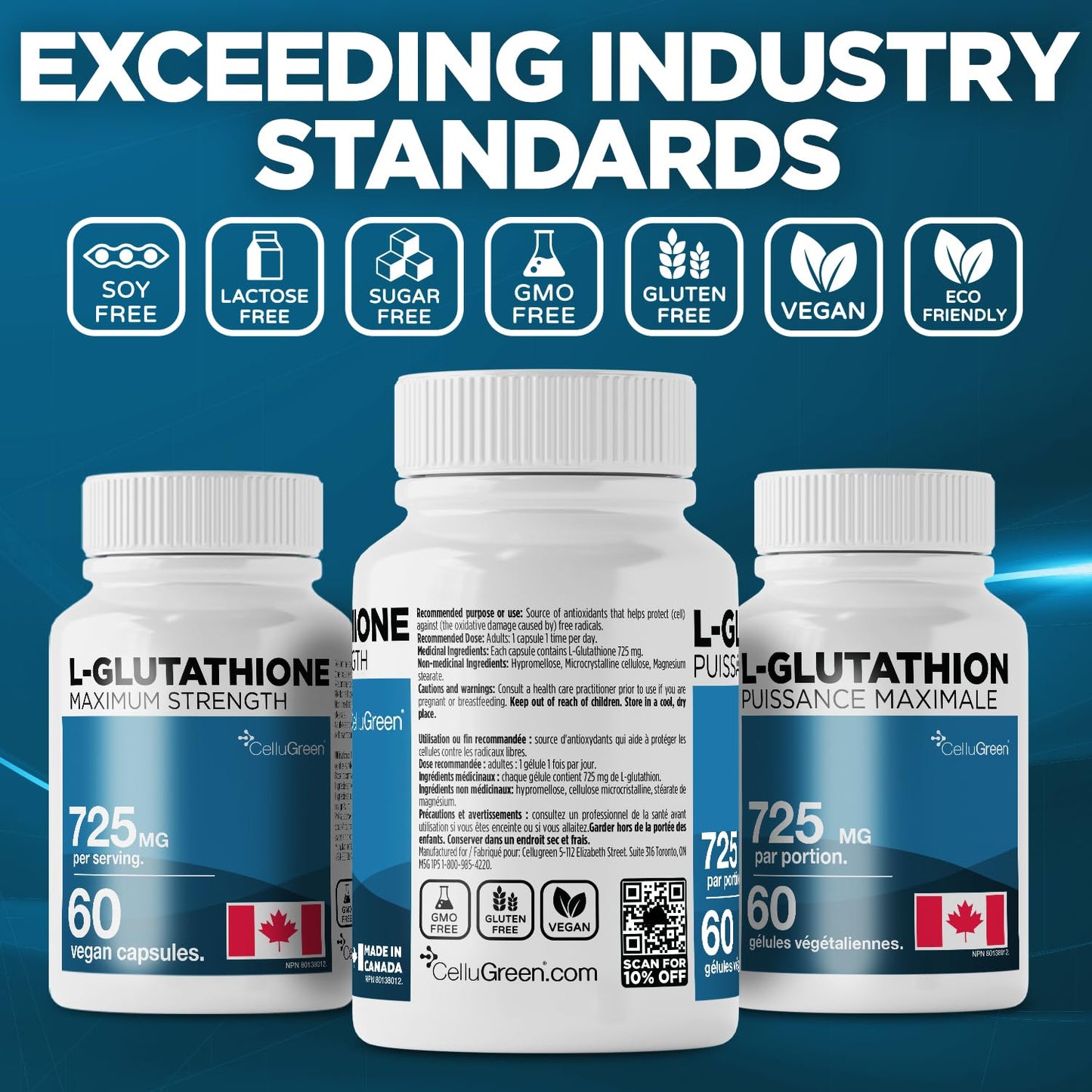 CelluGreen 725mg L-Glutathione MOST POWERFUL AVAILABLE Antioxidant Support for Cellular Health, Liver Detox, Skin & Immune Health, Vegan, Made in Canada. 60 Capsules - Available at All In One Marketplace Canada