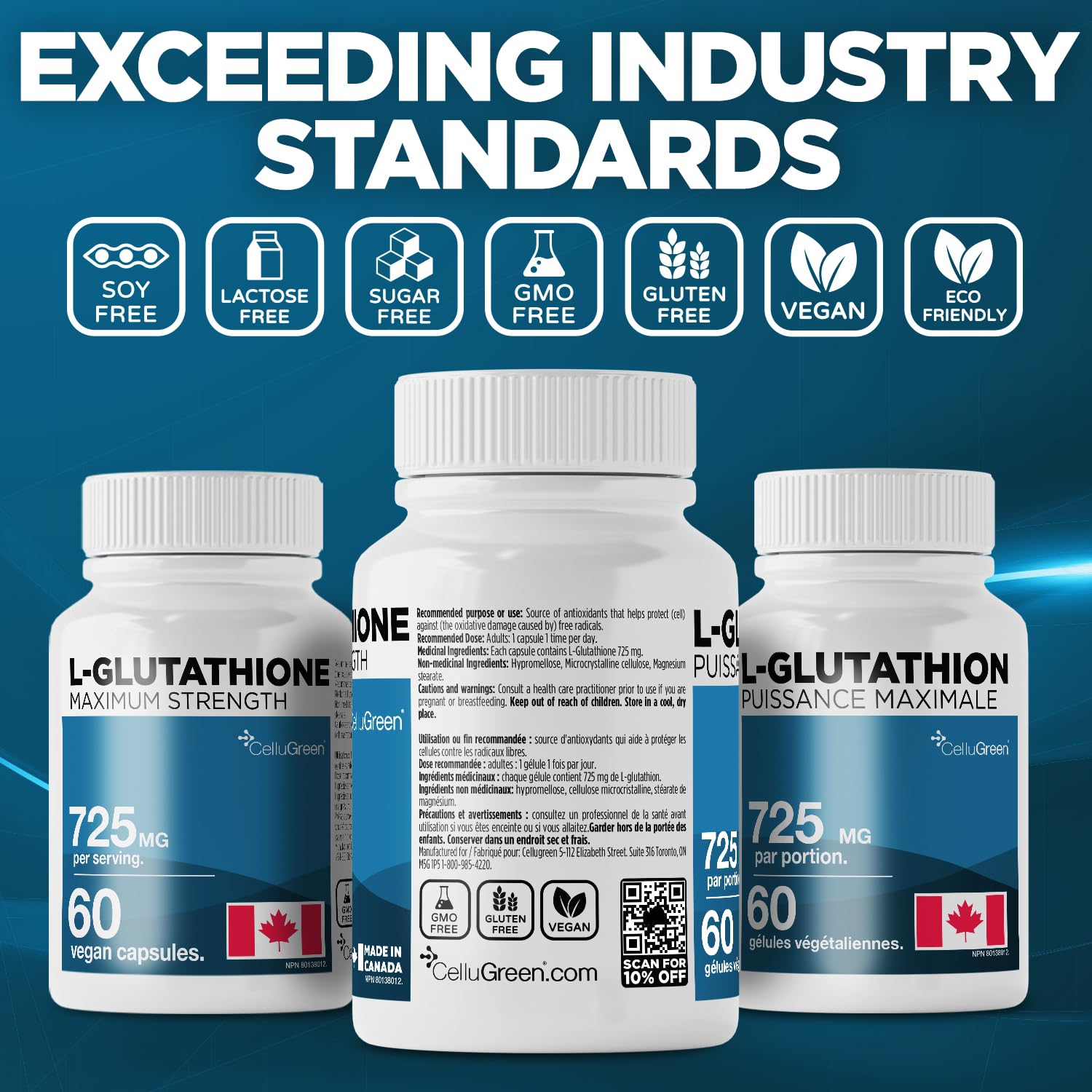 CelluGreen 725mg L-Glutathione MOST POWERFUL AVAILABLE Antioxidant Support for Cellular Health, Liver Detox, Skin & Immune Health, Vegan, Made in Canada. 60 Capsules - Available at All In One Marketplace Canada