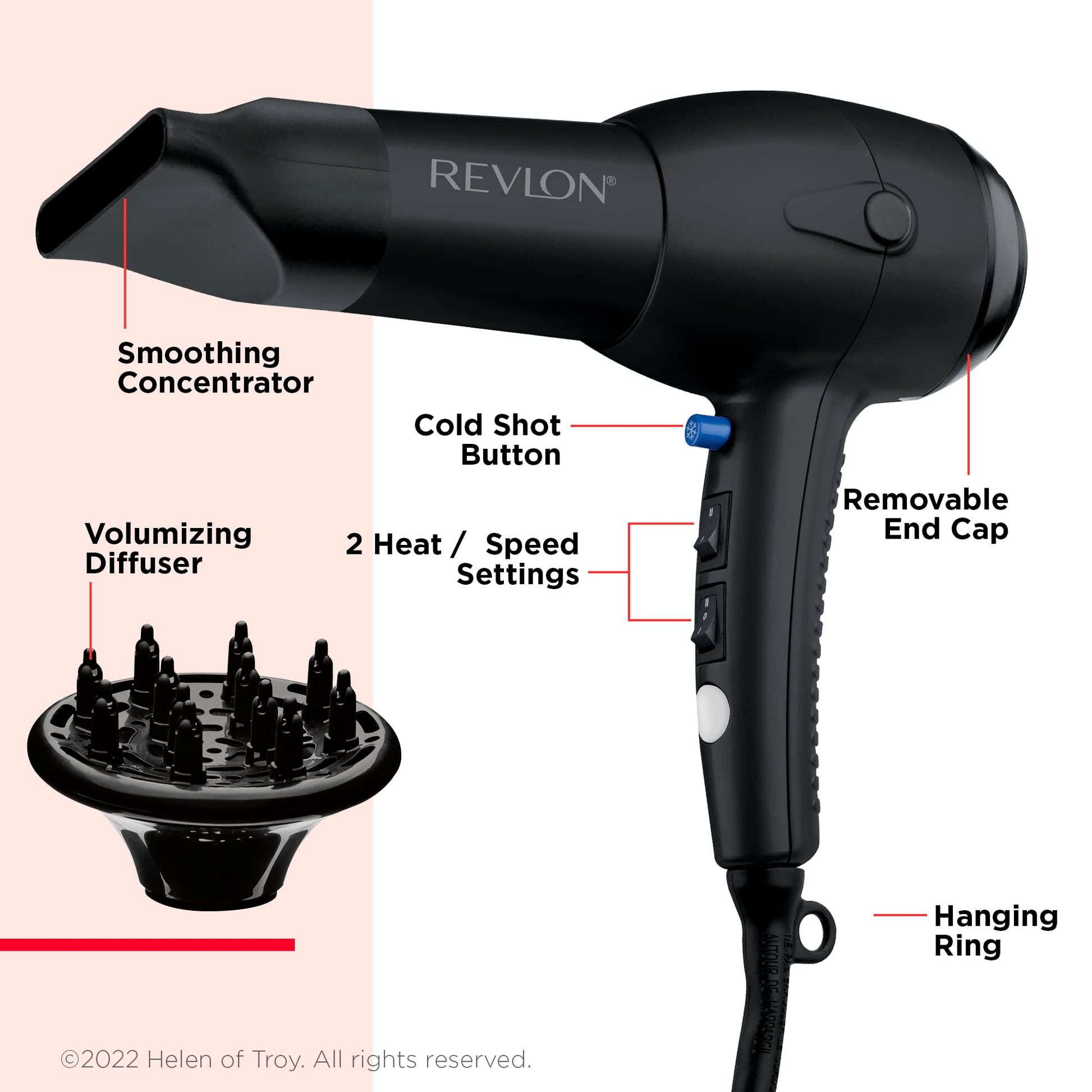 Revlon RV544FBLK Advanced Ionic Technology™ Hair Dryer with Diffuser, Powerful, Ionic Hair Dryer with Concentrator, Quick Dry, Lightweight, 2 Heat/ Speed Settings, Less Frizz, Shiny and Smooth Hair, Black REVLON