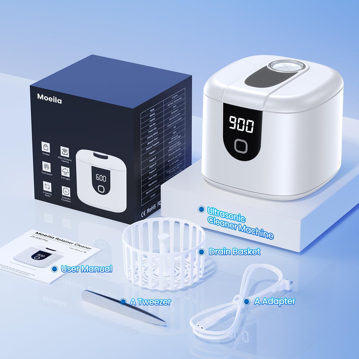 Ultrasonic Retainer Cleaner Machine, Upgraded 45kHz Ultrasonic Cleaner for Mouth Guard Braces, Night Guards, Toothbrush Heads & Jewlery with 200ML, 4 Modes and Digital Timer Dental Cleaning Pod (White) - Available at All In One Marketplace Canada