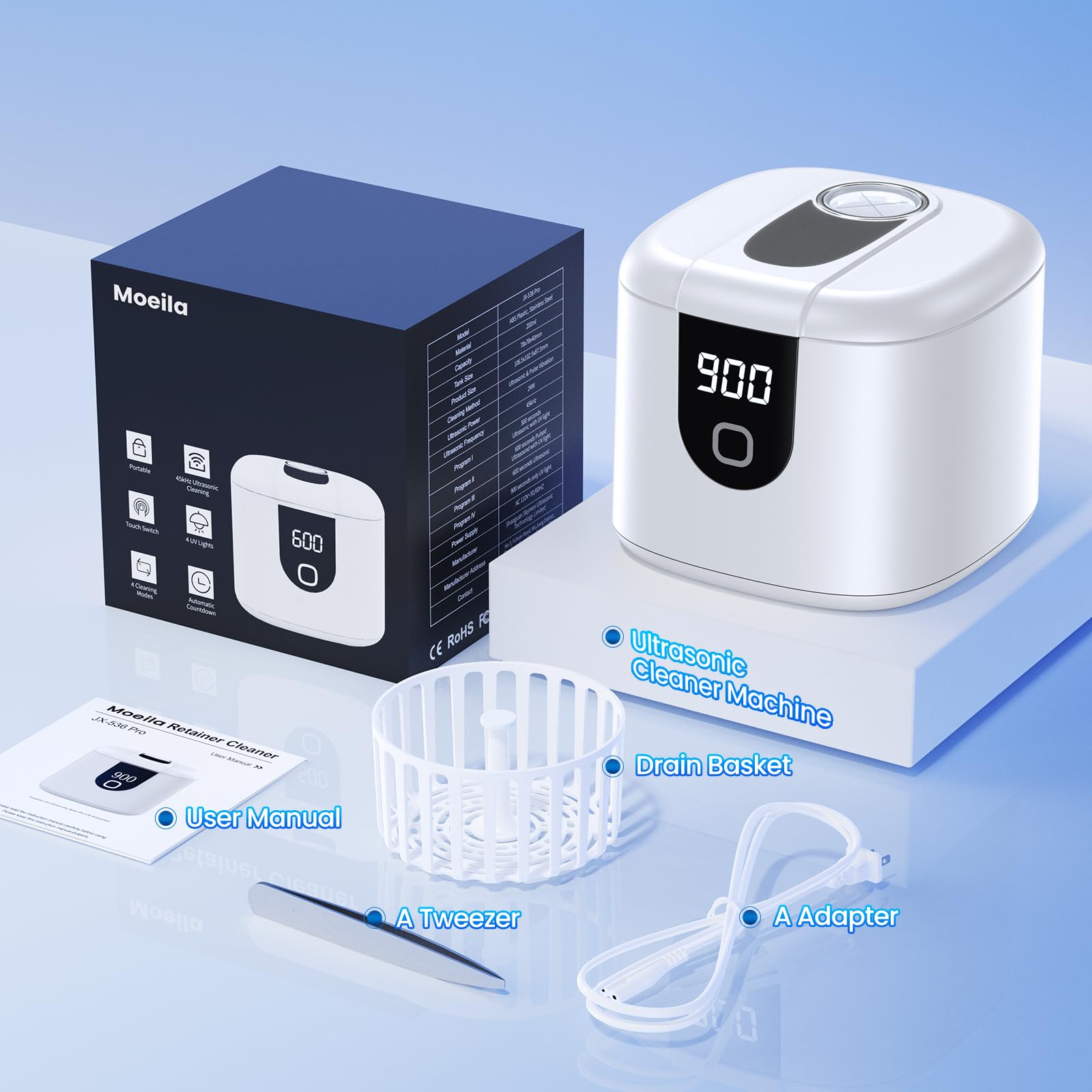 Ultrasonic Retainer Cleaner Machine, Upgraded 45kHz Ultrasonic Cleaner for Mouth Guard Braces, Night Guards, Toothbrush Heads & Jewlery with 200ML, 4 Modes and Digital Timer Dental Cleaning Pod (White) - Available at All In One Marketplace Canada