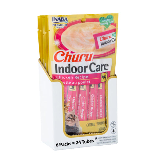 INABA Churu Indoor Care for Hairball Control, Functional Lickable Cat Treat with Taurine & Vitamin E, 14g Each, 24 Tubes Total, Chicken Recipe