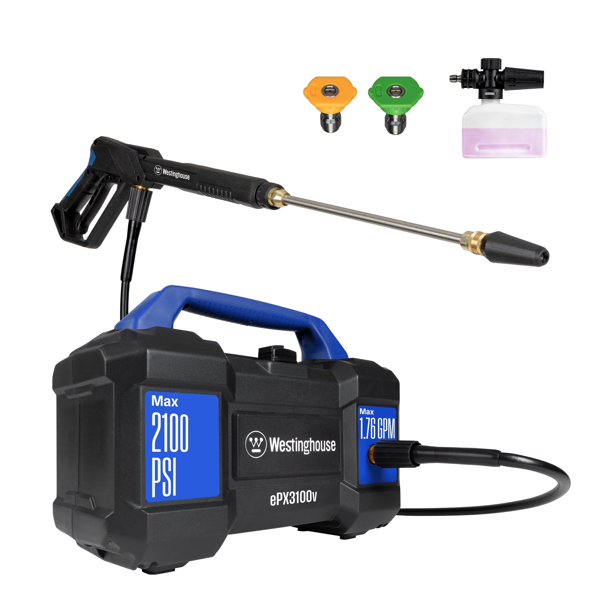 Westinghouse ePX3100v Electric Pressure Washer, 2100 Max PSI 1.76 Max GPM, Built-in Carry Handle, Detachable Foam Cannon, Pro-Style Steel Wand, 3-Nozzle Set, for Cars/Fences/Driveways/Home/Patios Westinghouse
