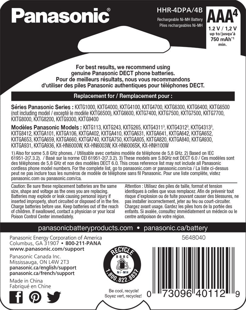 Panasonic HHR-4DPA/4B Genuine AAA NiMH Rechargeable Batteries for DECT Cordless Phones, 4 Pack