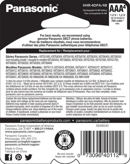 Panasonic HHR-4DPA/4B Genuine AAA NiMH Rechargeable Batteries for DECT Cordless Phones, 4 Pack