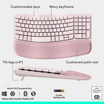 Logitech Wave Keys & Lift Vertical Mouse Ergonomic Wireless Combo - Rose