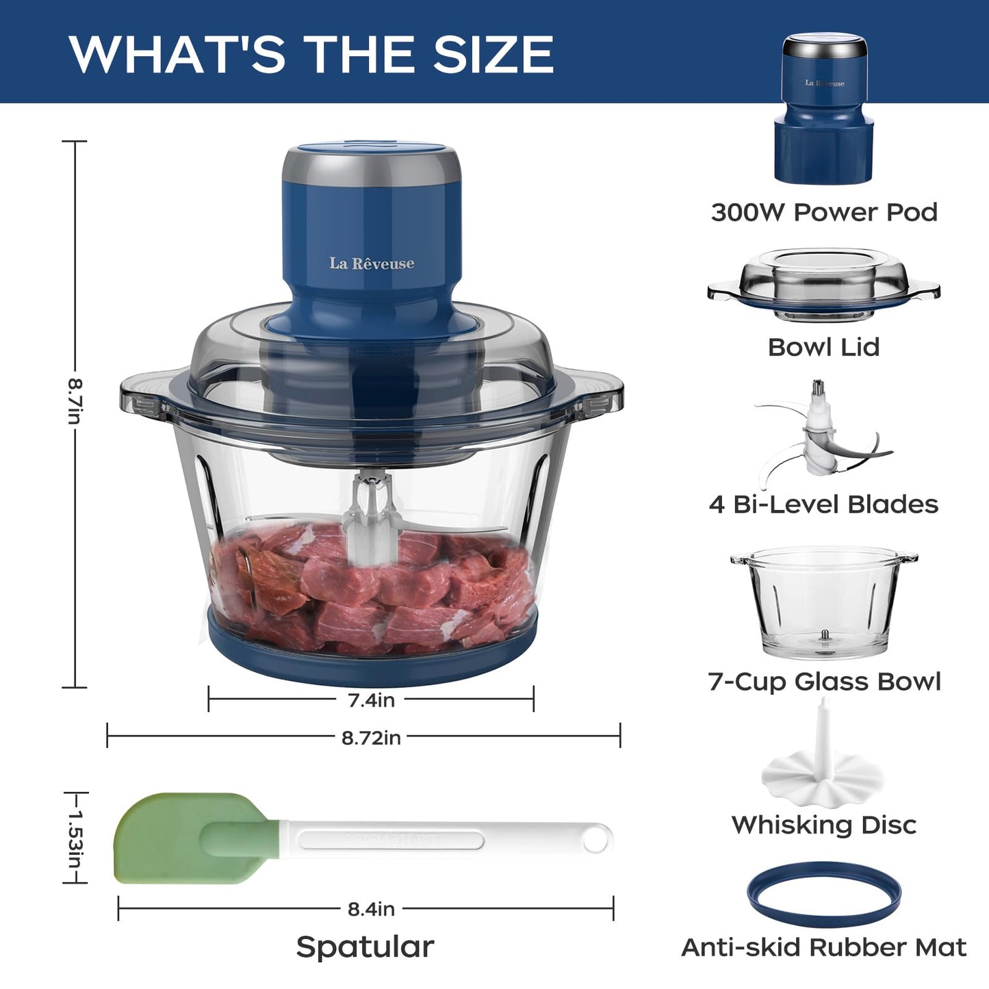 La Reveuse Food Processor,Electric Food Chopper with 7-Cup (1.7L) Glass Bowl, 4 Bi-Level Blades for Chopping,Grinding,Mincing,Whisking,Meal Prep,300W,Blue - Available at All In One Marketplace Canada