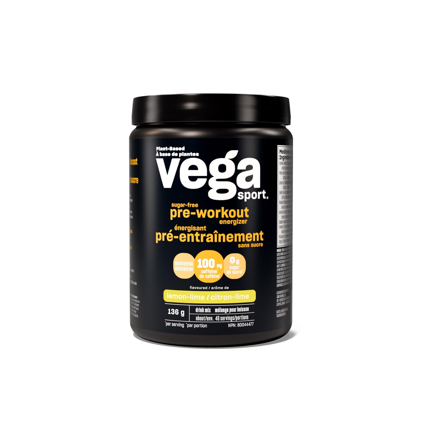 Vega Sport Sugar Free Pre-Workout Energizer, Lemon Lime (40 Servings) Vegan Preworkout Energy Powder, Gluten Free, 100mg Caffeine, Non GMO, 136g (Packaging May Vary) Vega