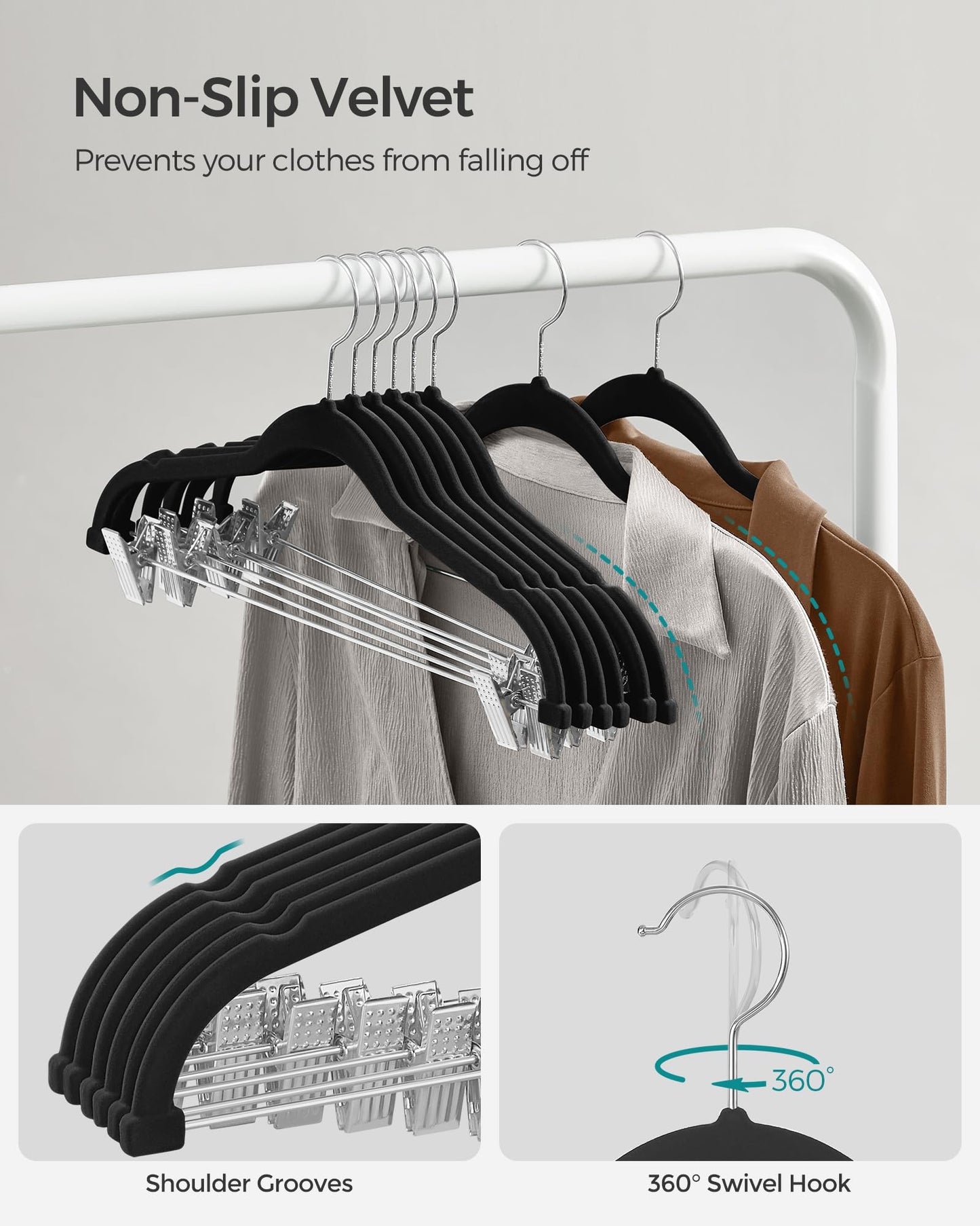 SONGMICS 30-Pack Pants Hangers, 42.5 cm Long Velvet Trousers Hangers with Adjustable Clips, Heavy-Duty, Non-Slip, Space-Saving for Pants, Skirts, Coats, Dresses, Tank Tops, Black UCRF12B30 SONGMICS