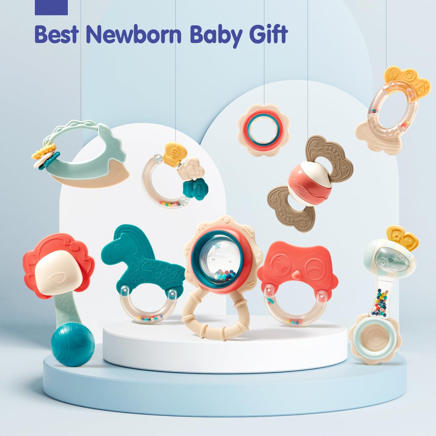 hahaland Baby Teething Toys, Infant Newborn Toys 0-3 3-6 Months, Silicone Babies Teether Rattles, Baby Shower Gifts for Newborn Boys Girls, 10 Pcs with Storage Box for 0 Months+ - Available at All In One Marketplace Canada