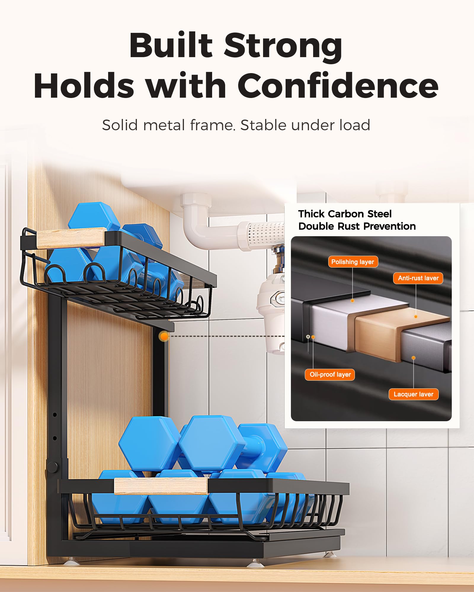 Sevenblue 2 Pack Under Sink Organizer, Height Adjustable 2 Tier Under Sink Organizer Kitchen, Multi-Purpose Storage Shelf for Kitchen Bathroom Cabinet (Black, Large) - Available at All In One Marketplace Canada