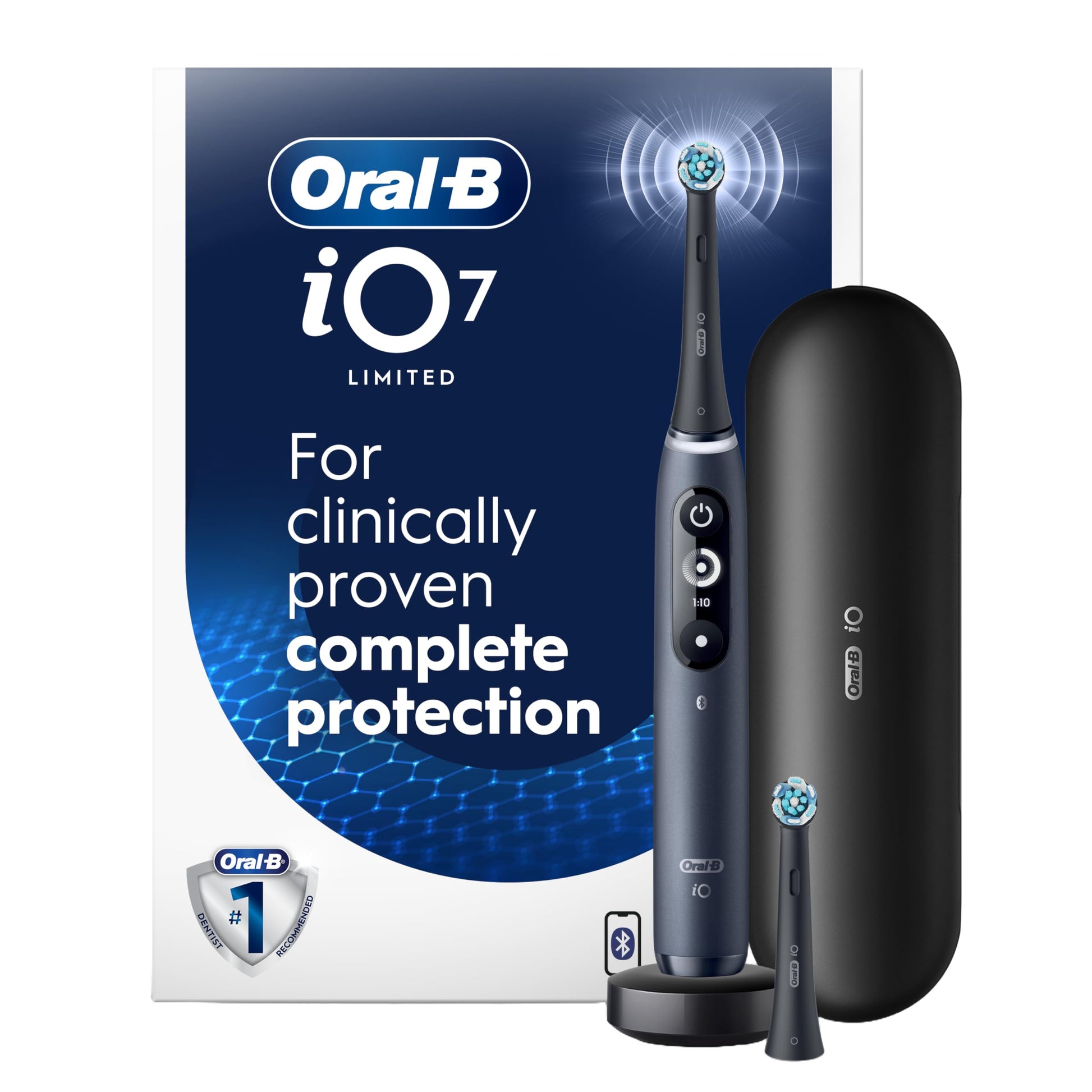 Oral-B iO Deep Clean + Protect Rechargeable Electric Toothbrush, Black with Visible Pressure Sensor, 5 Cleaning Settings, 2 Min Timer, a iO Series 7 Toothbrush, 2 Replacement Brush Heads, and Charging Travel Case - Available at All In One Marketplace Canada