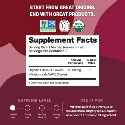 FGO Organic Hibiscus Tea - 100 Tea Bags in Resealable Eco-Friendly Packaging