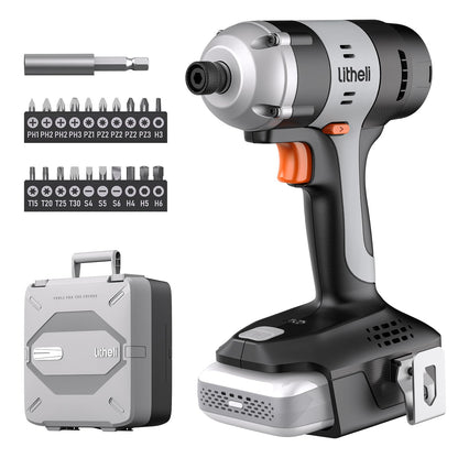 LiTHELi 20V Cordless Impact Driver Kit, Built-in LED Light, 1/4-inch Hex Chuck, 2800 RPM, 2A, Battery Powered, Black, with 20 Driver Bits and Extension, 24.6x17.8x10.2 cm