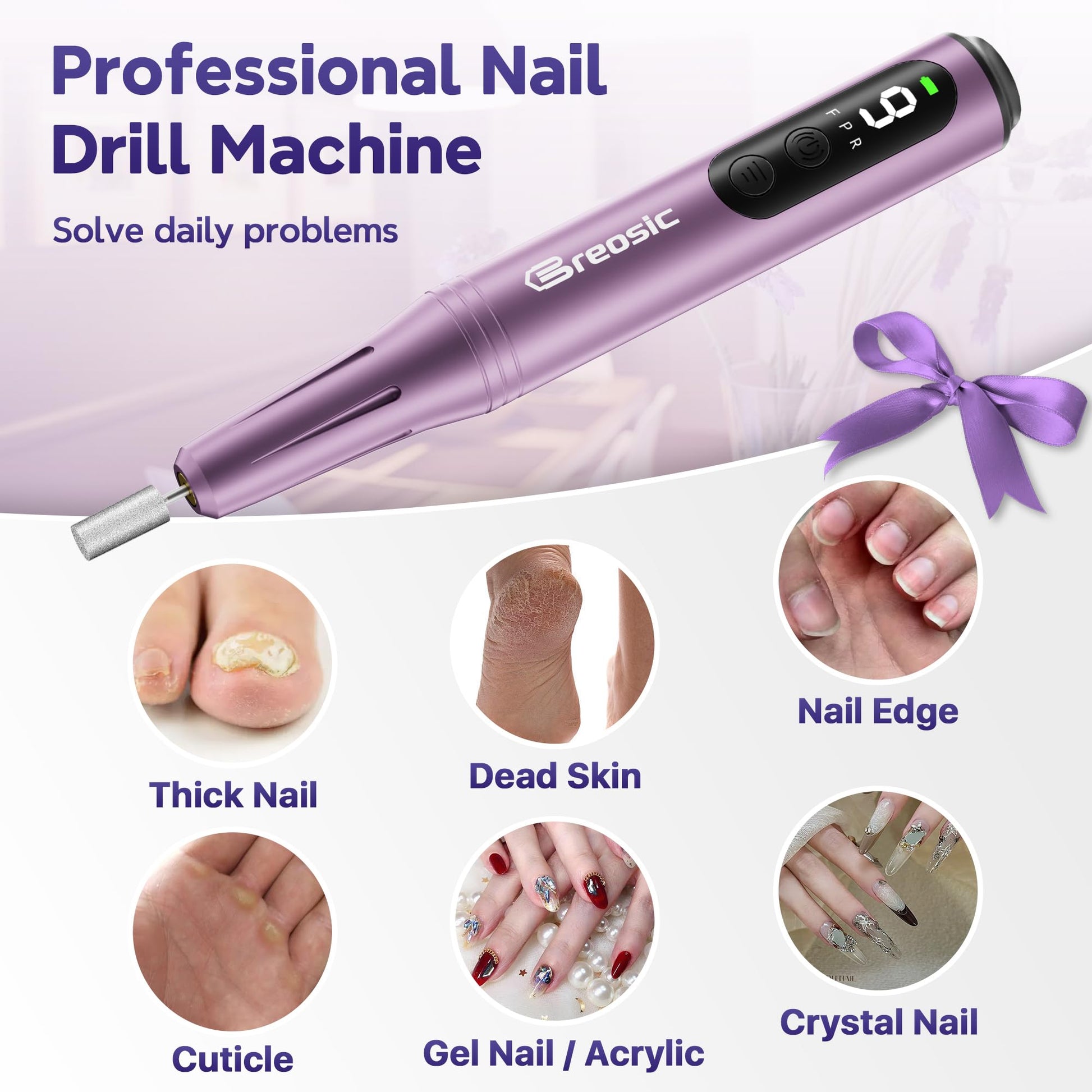 Breosic Electric Nail Drill 35000RPM,12-in-1 Nail File Portable USB-Rechargeable Cordless Nail Drill Professional with 9-Speed & LED Display Manicure Pedicure Nail Kits for Acrylic & Gel Nails(Purple) - Available at All In One Marketplace Canada