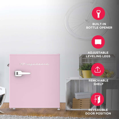 Frigidaire EFR176 Retro Compact Fridge with Chiller Mini Refrigerator with Built-in Bottle Opener for Office, Bedroom, Dorm Room or Cabin, 1.6 cu ft 16"D x 18"W x 18.5"H, Pink