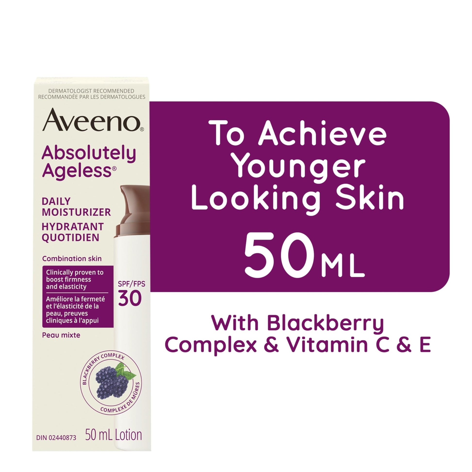 Aveeno Absolutely Ageless Daily Face Moisturizer with SPF 30 Sunscreen – Anti-Aging Wrinkle Cream with Blackberry Complex, Vitamins C & E – Hydrating Facial Moisturizer for Firmer Even Skin Tone 50 mL - Available at All In One Marketplace Canada