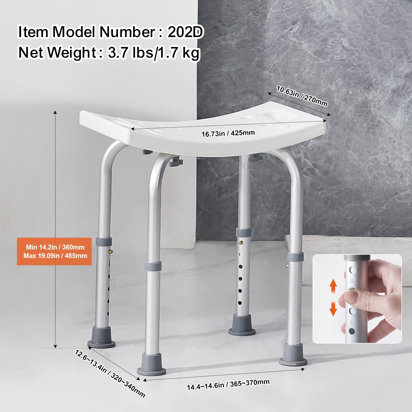 VEVOR Shower Chair, Adjustable Height Shower Stool with Built-in Handles, Shower Seat for Inside Shower or Tub, Non-Slip Bench Bathtub Stool Seat for Elderly Disabled Handicap, 158.8 kg Capacity VEVOR