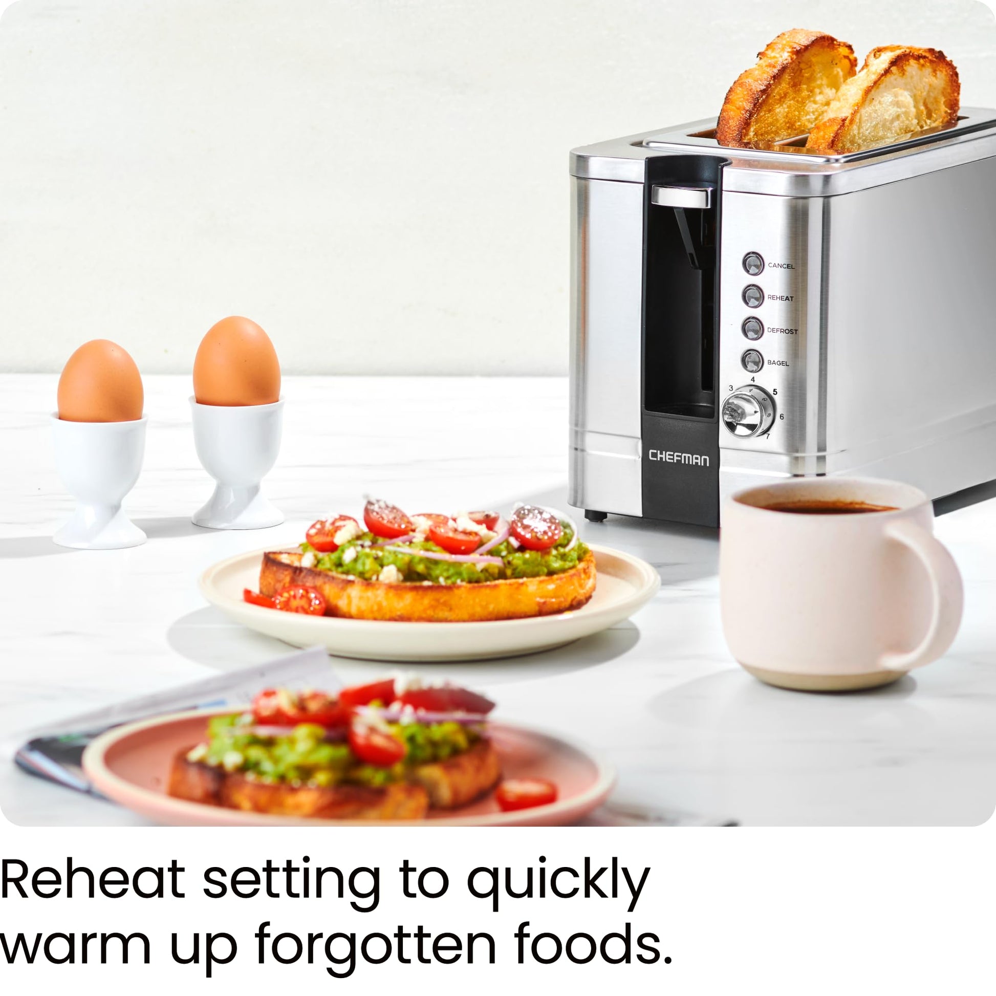Chefman 2-Slice Pop-Up Stainless Steel Toaster w/ 7 Shade Settings, Extra Wide Slots for Toasting Bagels, Defrost/Reheat/Cancel Functions, Removable Crumb Tray, 850W, 120V, Silver - Available at All In One Marketplace Canada