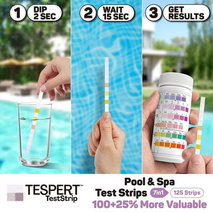 TESPERT Pool and Spa Test Strips Hot Tub Test Strips 7-in-1 125 Strips Pack, Chemistry Test Kit for Test Bromine, Total Alkalinity, pH, Free Chlorine, Total Hardness, Cyanuric Acid, and Total Chlorine