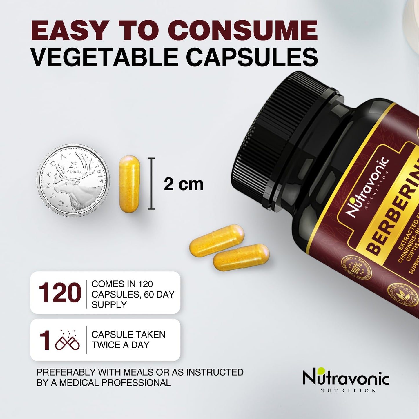 Nutravonic Berberine Supplements 1000mg Per Serving, 500mg Per Capsule | Made in Canada I Supports Healthy Glucose & Lipid Metabolism | Non-GMO, Vegan, Gluten-free, 120 Easy-to-Swallow Capsules - Available at All In One Marketplace Canada