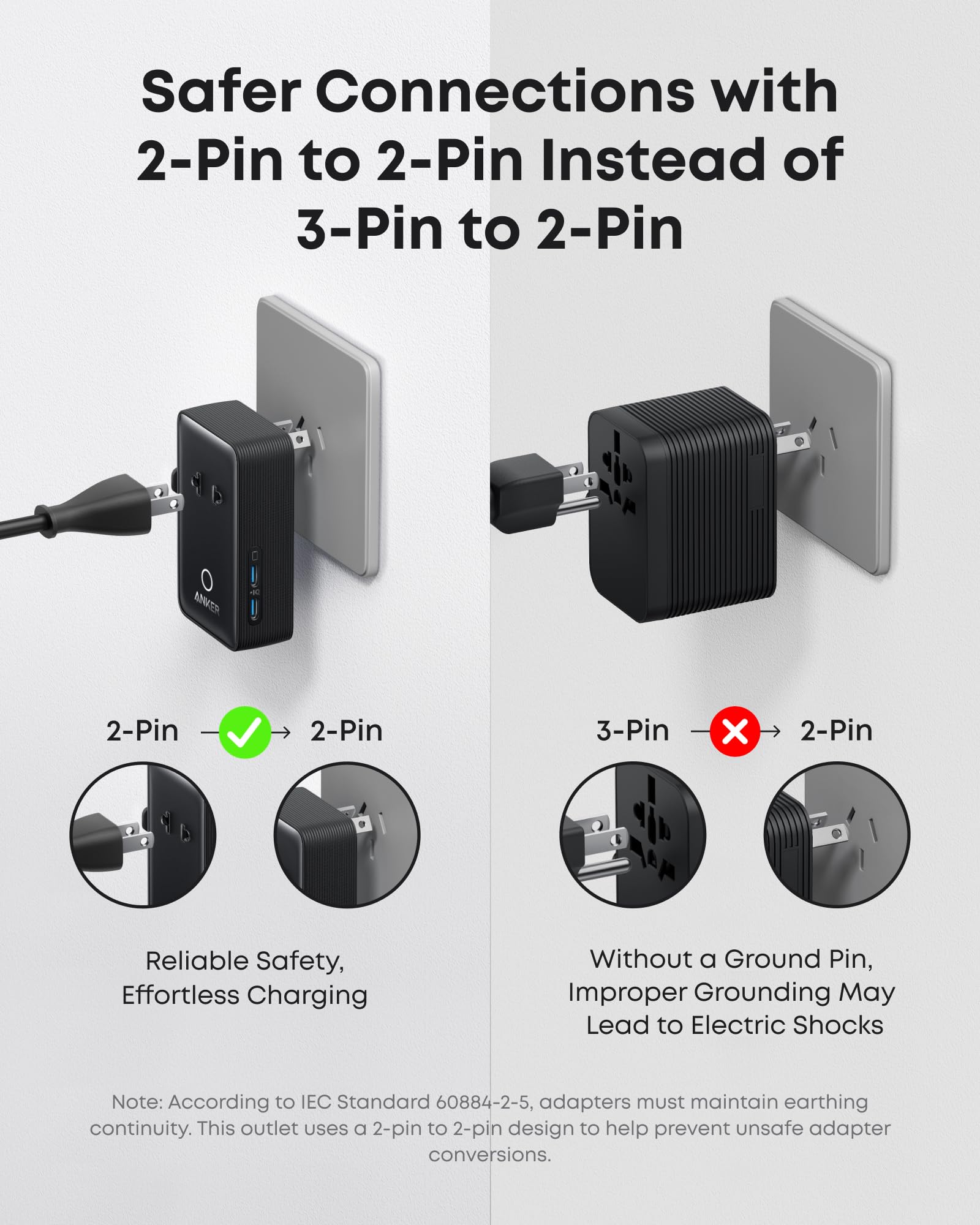Anker Nano European Travel Plug Adapter, 5-Port Fordable Travel Adapter with 1AC 2USB-A 2USB-C Ports,Temperature Control, Essentials for Over 200 Countries, Ideal for Travel (1-Pack) (Black)