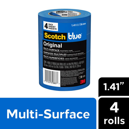 Scotch Painter’s Tape ScotchBlue Original Painter's Tape, Multi-Surface, 36 mm (4 Rolls) - 2090-1.41 Inch X 60 Yards, Blue (2090-36EP4) ScotchBlue