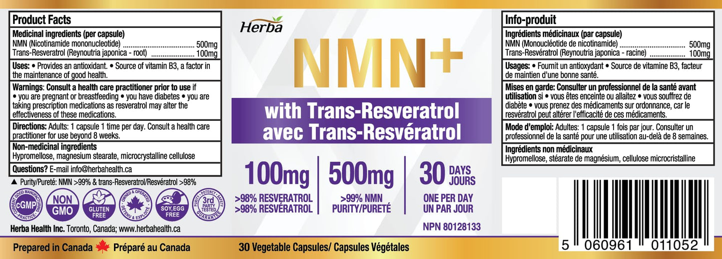 Herba NMN Supplement with Resveratrol – 500mg + 100mg | 100% Purity β-NMN & >99% Resveratrol | NAD Supplement Canada Made | NAD+ Precursor | 30 Capsules - Available at All In One Marketplace Canada