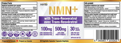 Herba NMN Supplement with Resveratrol – 500mg + 100mg | 100% Purity β-NMN & >99% Resveratrol | NAD Supplement Canada Made | NAD+ Precursor | 30 Capsules - Available at All In One Marketplace Canada