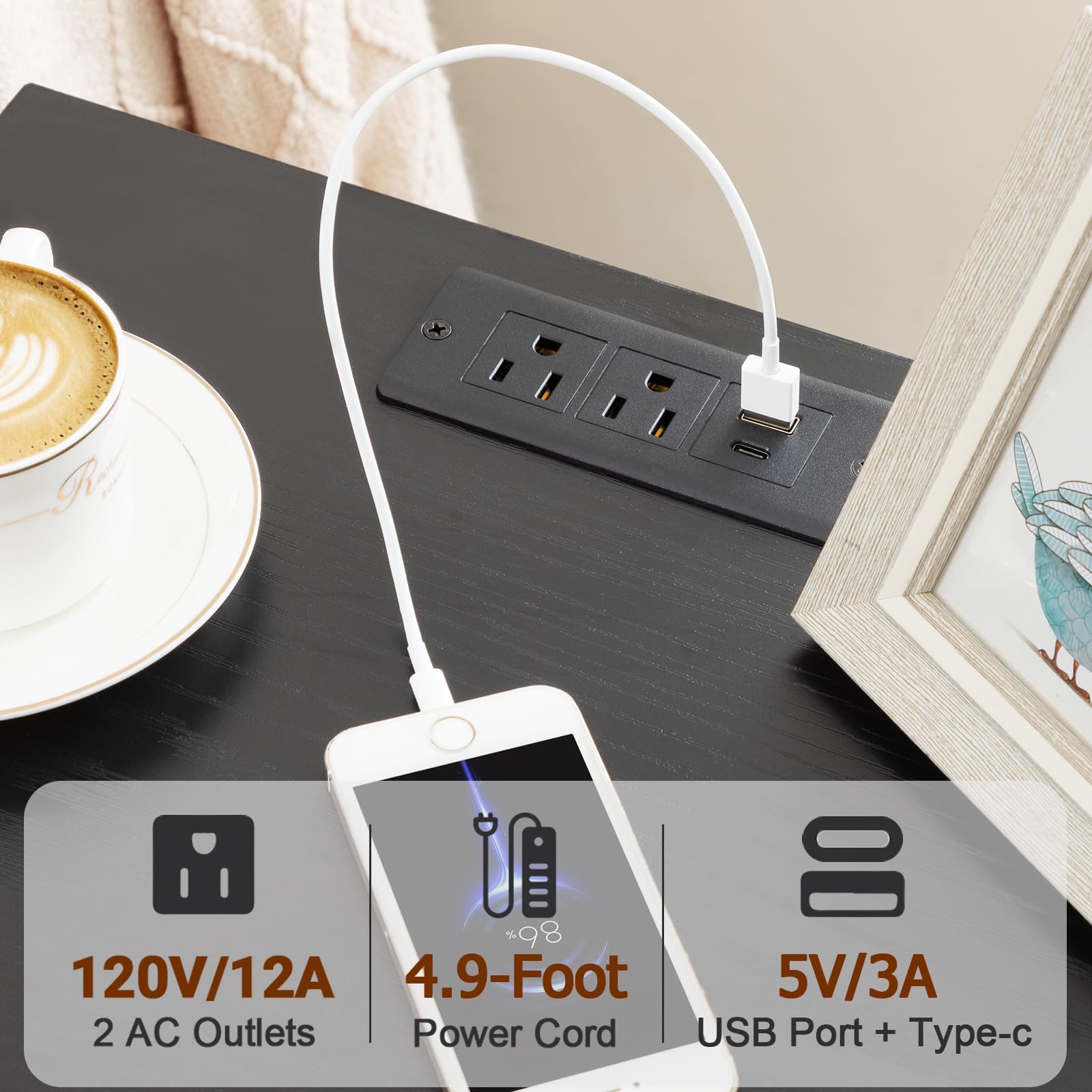 LOAKEKEL Night Stands Set 2, Bedside Table with Charging Station and LED Light, Nightstand with 2 AC Outlets and USB Ports, End Table with 2 Fabric Drawers for Bedroom, Living Room, Black, HETS02BK - Available at All In One Marketplace Canada