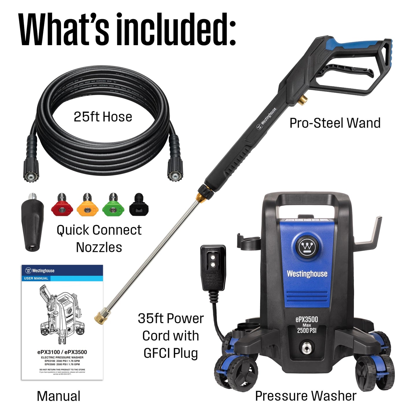 Westinghouse ePX3500 Electric Pressure Washer, 2500 Max PSI 1.76 Max GPM with Anti-Tipping Technology, Onboard Soap Tank, Pro-Style Steel Wand, 5-Nozzle Set, for Cars/Fences/Driveways/Home/Patios Westinghouse