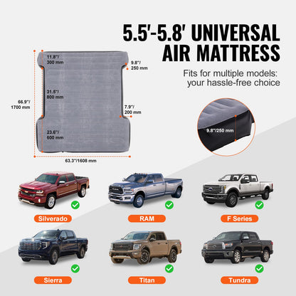 VEVOR Truck Bed Air Mattress, for 5.5-5.8 ft Full Size Short Truck Beds, Inflatable Air Mattress Camping Bed with 12V Air Pump 2 Pillows, Carry Bag, for Silverado, RAM, F Series, Sierra, Titan, Tundra VEVOR
