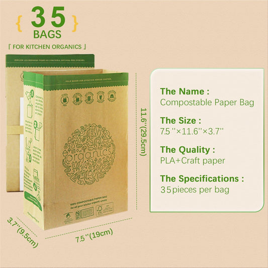 Hytrend-Kitchen Food Waste Bag -35 Bags-%100 Compostable paper Bag - Leak Resistant Liner - Plastic Free - Small-Certified by BNQ and BPI - Available at All In One Marketplace Canada